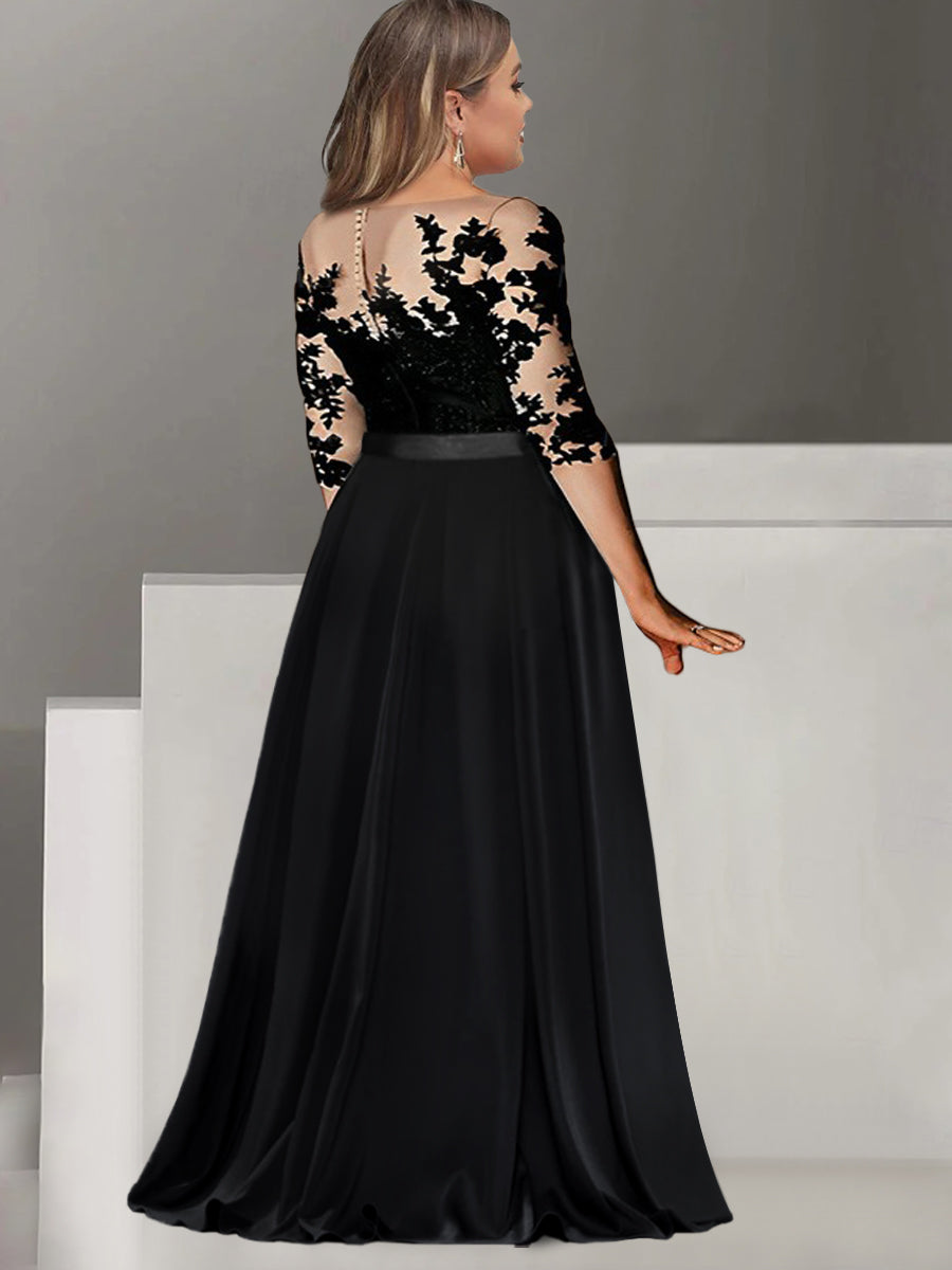 Long Mother of the Bride A Line Dress with Jewel Neck and 3/4 Sleeves