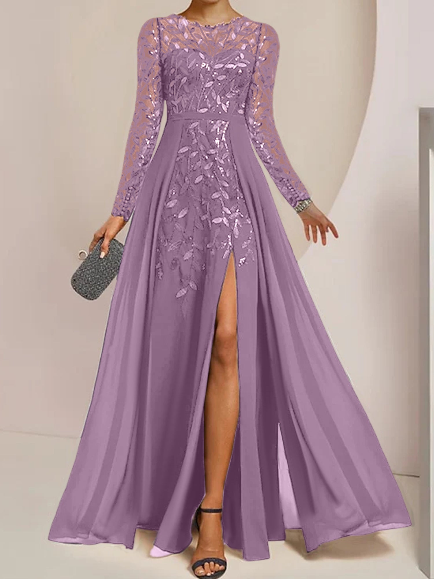 Long Mother of the Bride A Line Dress with Scoop Neck Long Sleeves Side Split Ruffles and Sequins