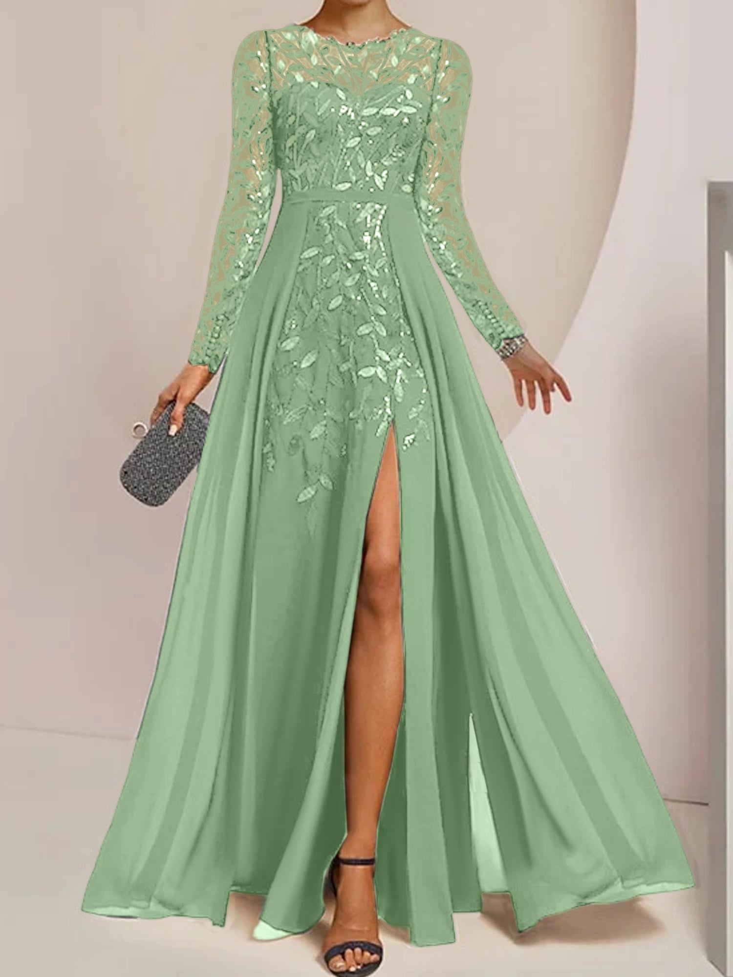 Long Mother of the Bride A Line Dress with Scoop Neck Long Sleeves Side Split Ruffles and Sequins
