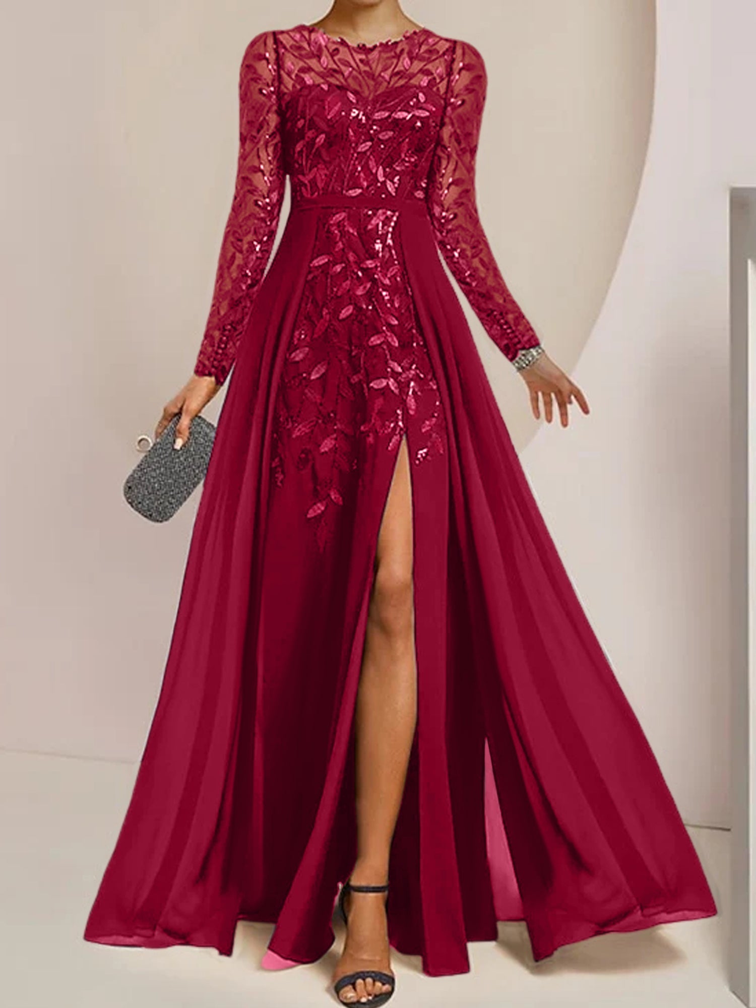 Long Mother of the Bride A Line Dress with Scoop Neck Long Sleeves Side Split Ruffles and Sequins