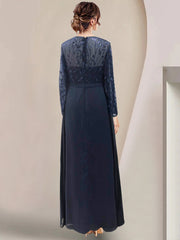 Long Mother of the Bride A Line Dress with Scoop Neck Long Sleeves Side Split Ruffles and Sequins