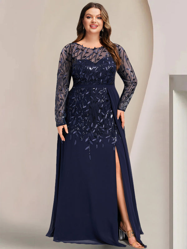 Long Mother of the Bride A Line Dress with Scoop Neck Long Sleeves Side Split Ruffles and Sequins