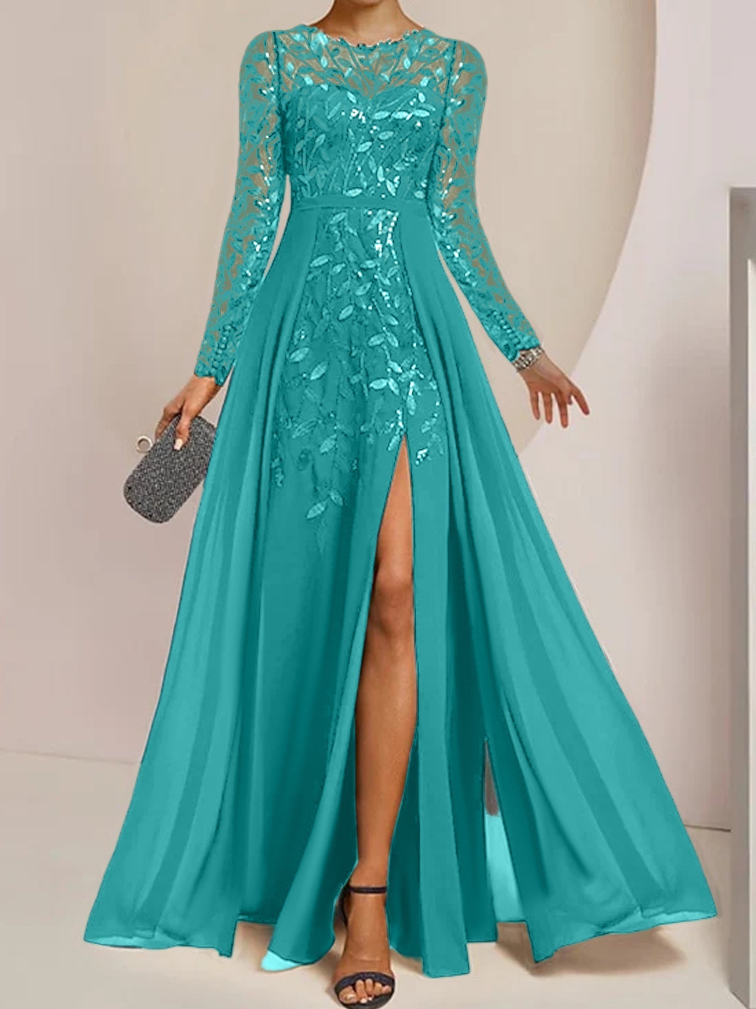 Long Mother of the Bride A Line Dress with Scoop Neck Long Sleeves Side Split Ruffles and Sequins