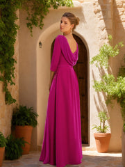 Long Mother of the Bride Dress with Cowl Neck 3/4 Sleeves Tulle Sash Slit & Jewel Appliques