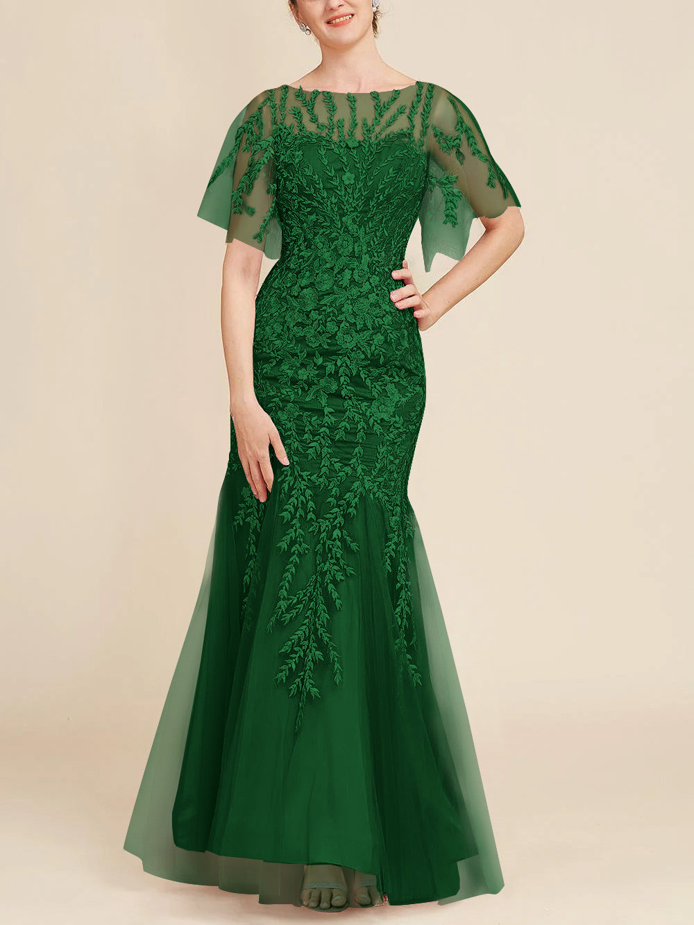 Floor-Length Mother of the Bride Lace Dresses with Trumpet/Mermaid Scoop Half Sleeves