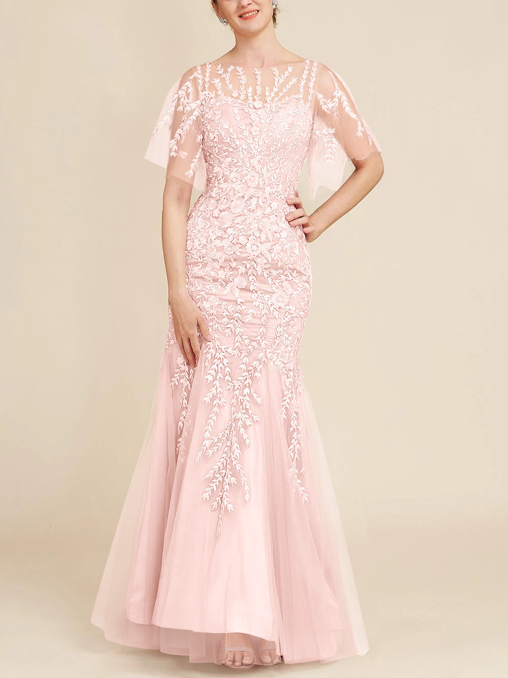 Floor-Length Mother of the Bride Lace Dresses with Trumpet/Mermaid Scoop Half Sleeves