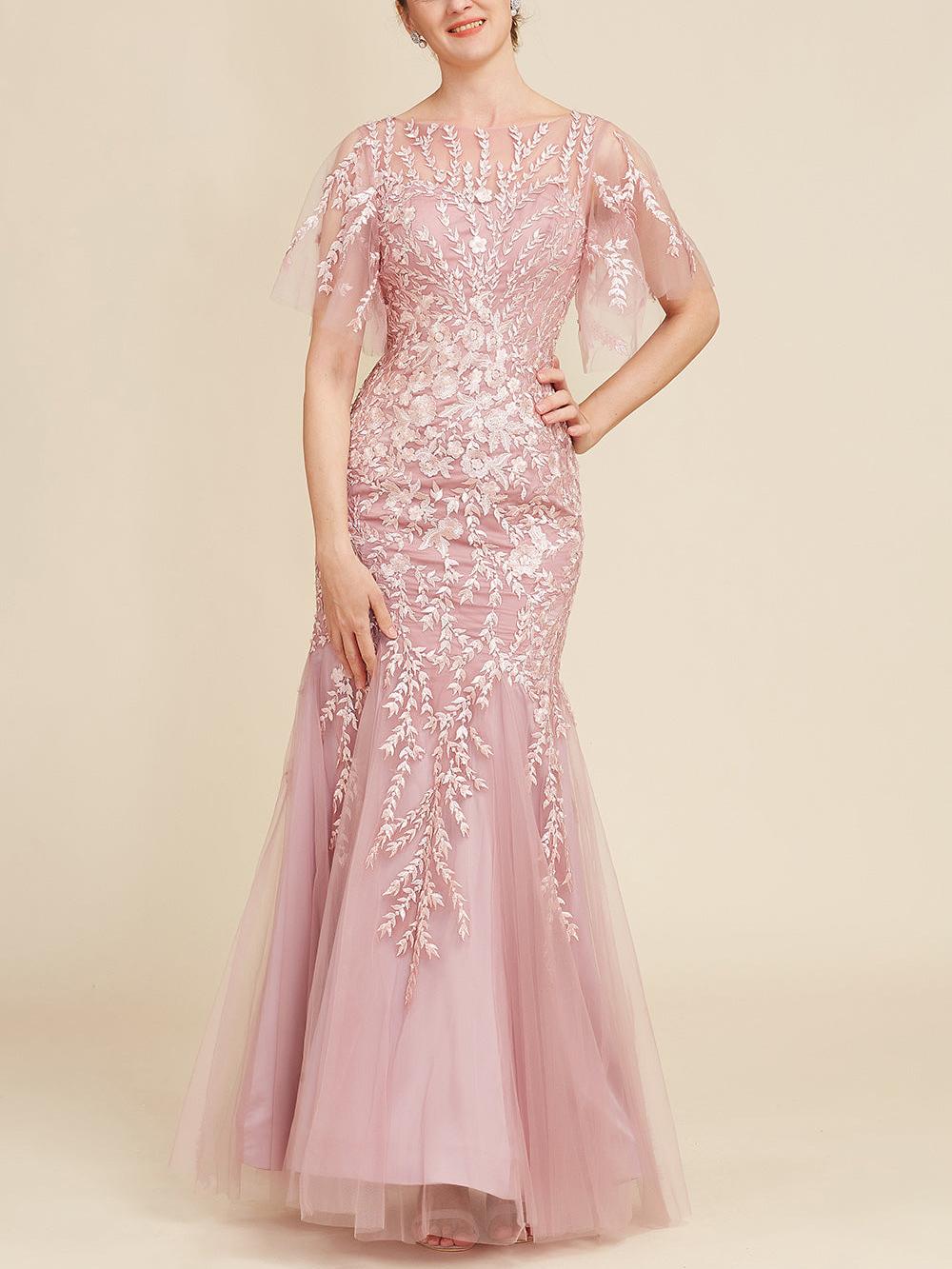 Floor-Length Mother of the Bride Lace Dresses with Trumpet/Mermaid Scoop Half Sleeves