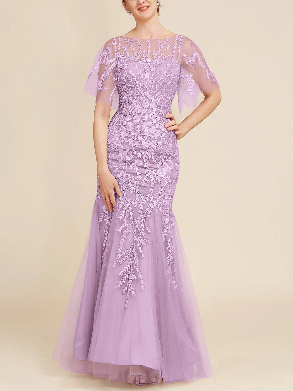 Floor-Length Mother of the Bride Lace Dresses with Trumpet/Mermaid Scoop Half Sleeves