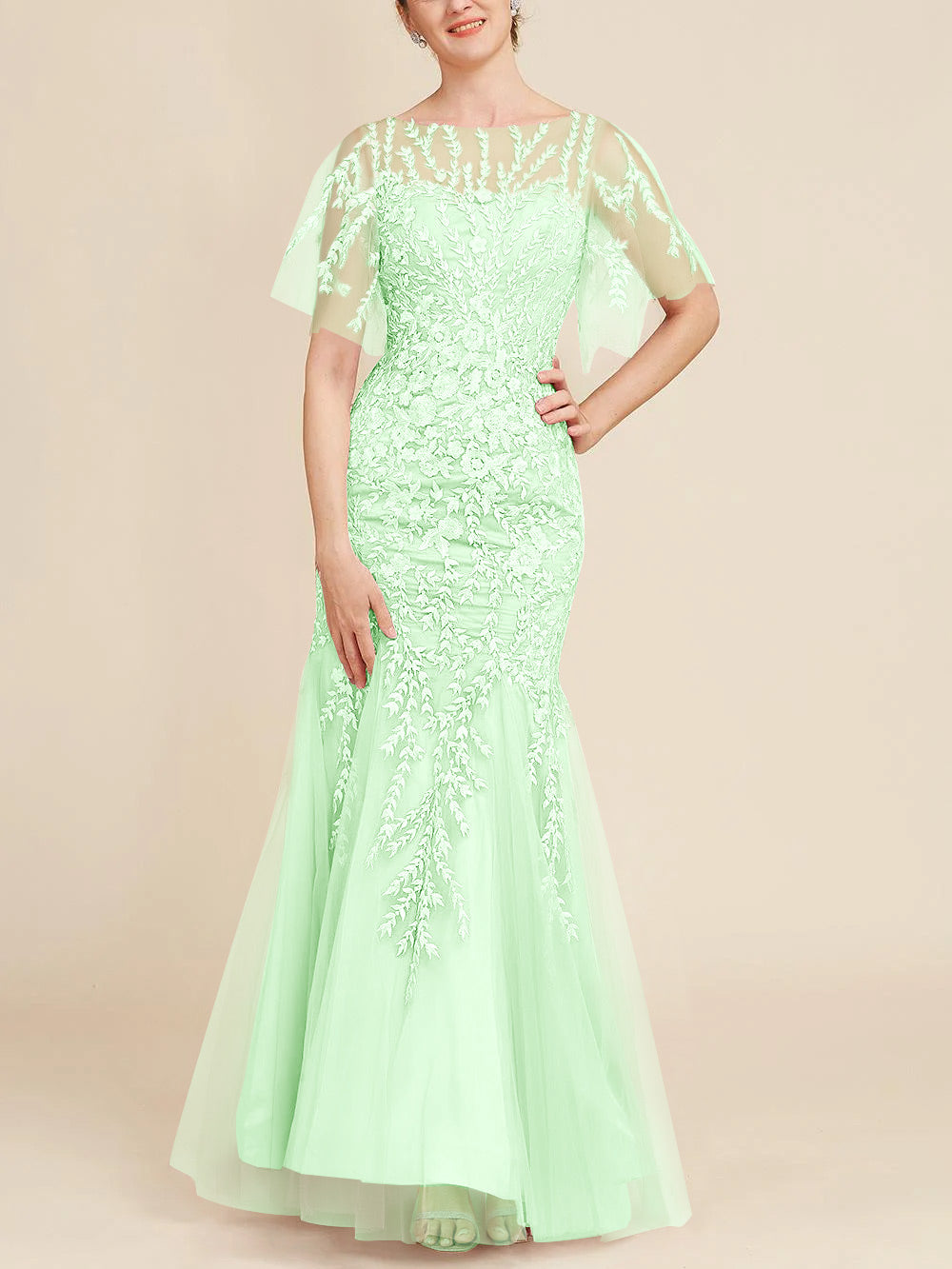 Floor-Length Mother of the Bride Lace Dresses with Trumpet/Mermaid Scoop Half Sleeves