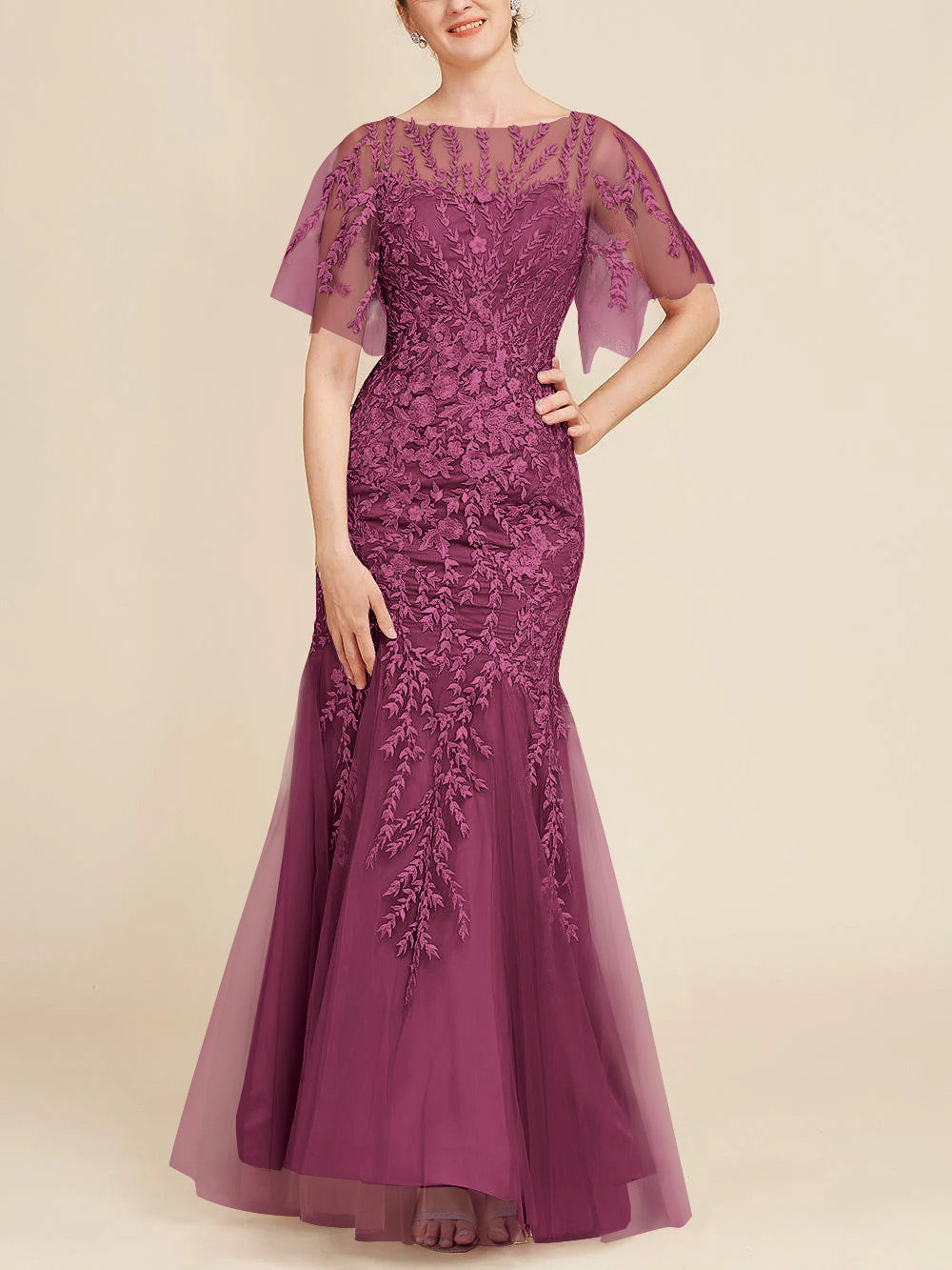 Floor-Length Mother of the Bride Lace Dresses with Trumpet/Mermaid Scoop Half Sleeves