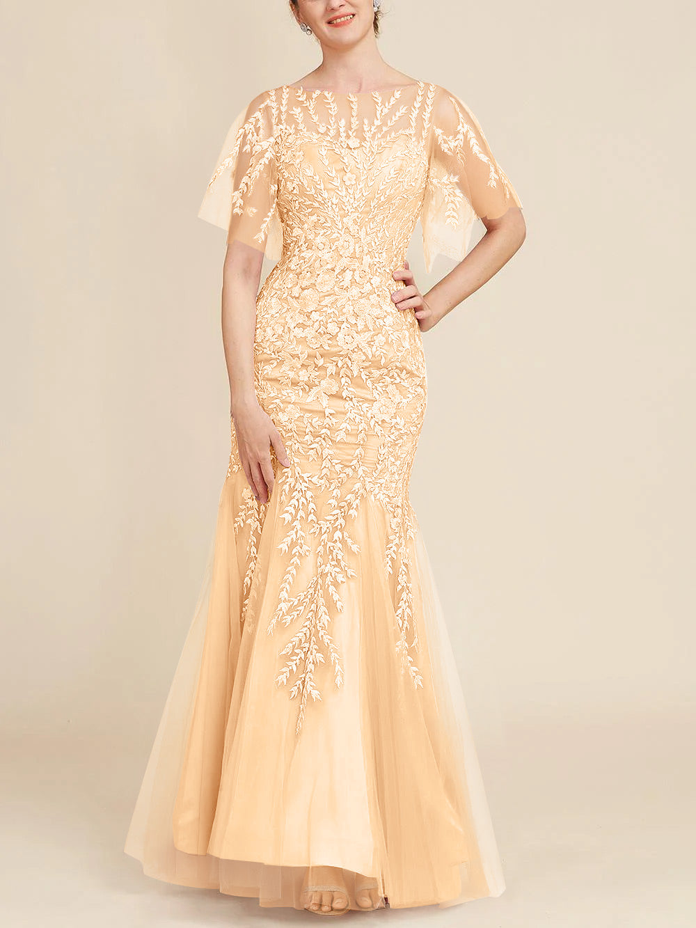 Floor-Length Mother of the Bride Lace Dresses with Trumpet/Mermaid Scoop Half Sleeves