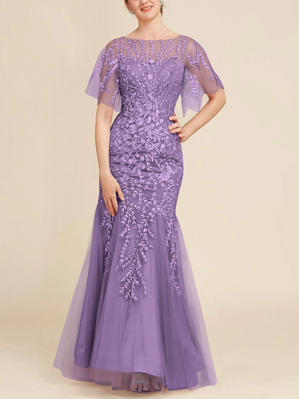 Floor-Length Mother of the Bride Lace Dresses with Trumpet/Mermaid Scoop Half Sleeves