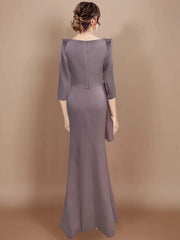 Long Plus Size Mother of the Bride Dress with Bow and 3/4 Sleeves
