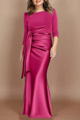 Long Plus Size Mother of the Bride Dress with Bow and 3/4 Sleeves