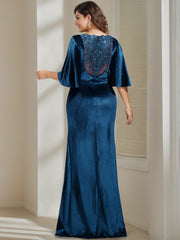 Long Plus Size Velvet Mother of the Bride Dress with Scoop Neck Half Sleeves Beading Appliques & Sequins