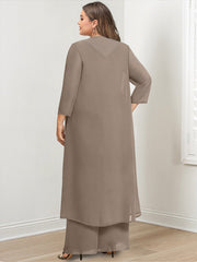 Long Round Neck Chiffon Pantsuits For The Mother Of The Bride With Jacket And Applique