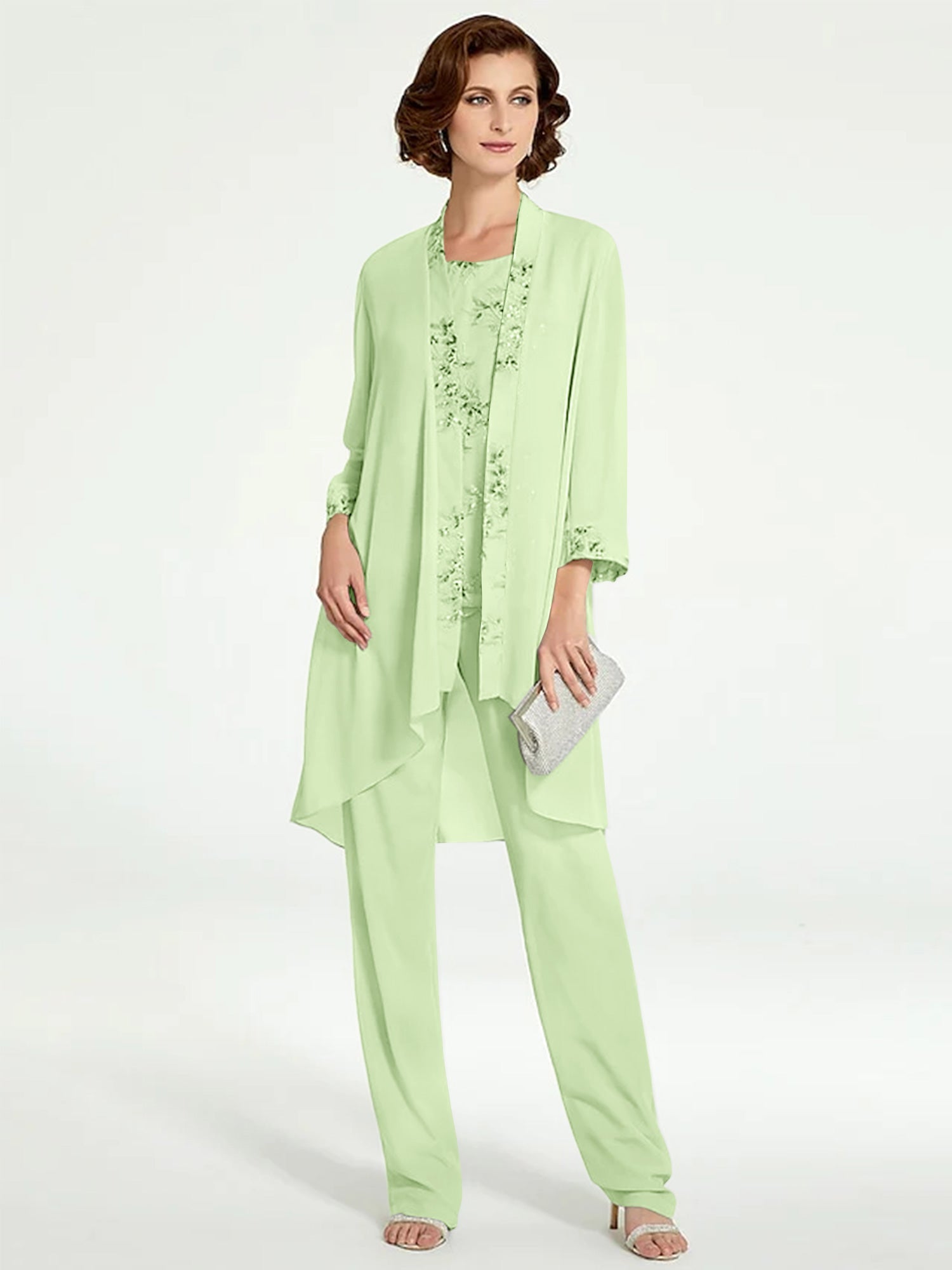 Long Round Neck Chiffon Pantsuits with Jacket for the Mother of the Bride