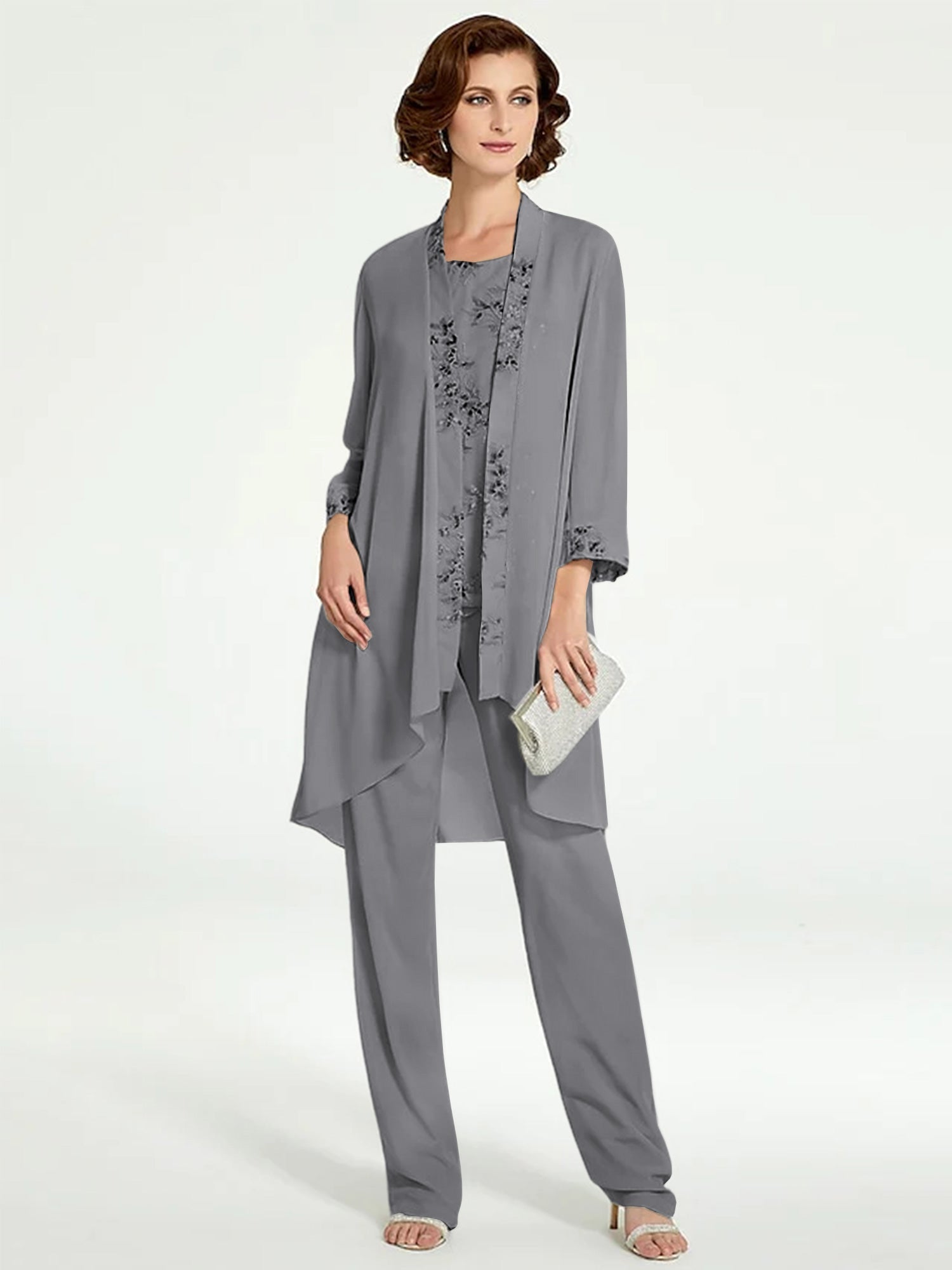 Long Round Neck Chiffon Pantsuits with Jacket for the Mother of the Bride