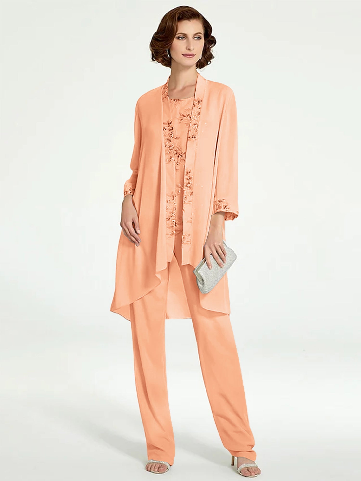 Long Round Neck Chiffon Pantsuits with Jacket for the Mother of the Bride