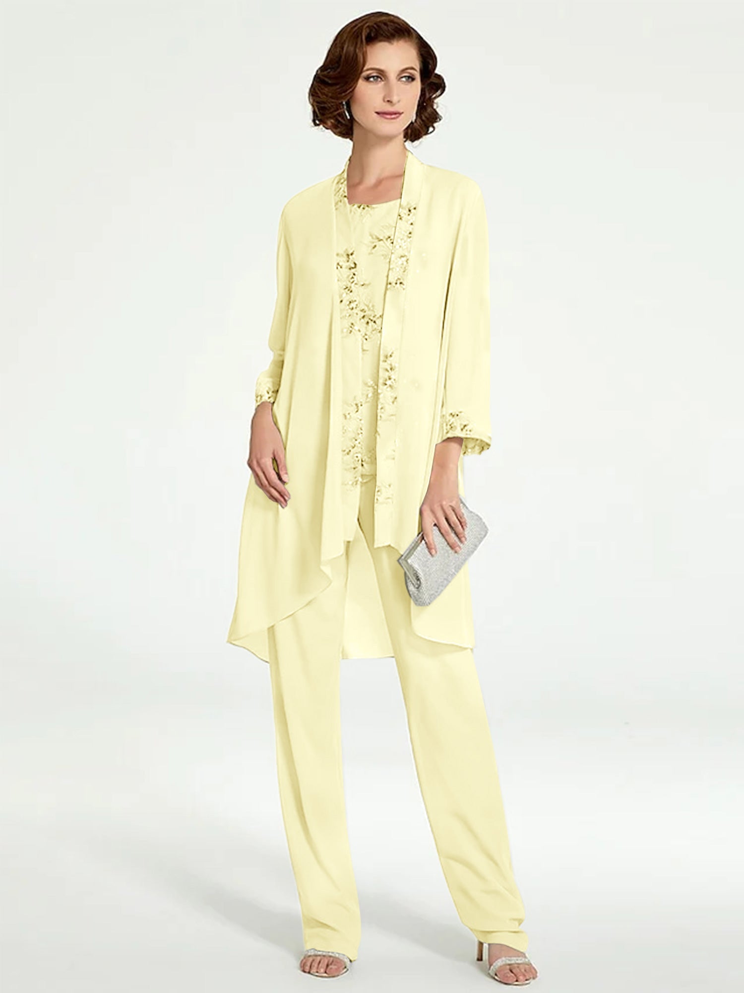 Long Round Neck Chiffon Pantsuits with Jacket for the Mother of the Bride
