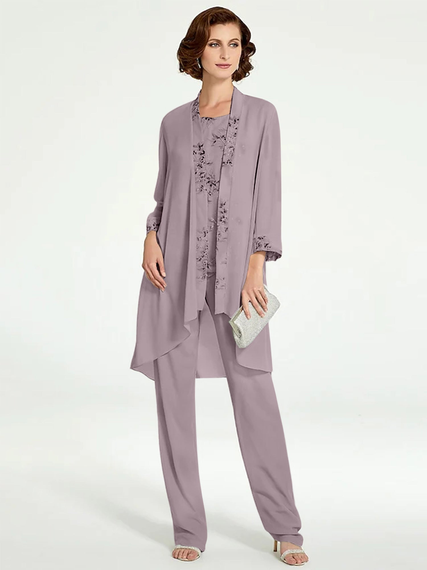Long Round Neck Chiffon Pantsuits with Jacket for the Mother of the Bride