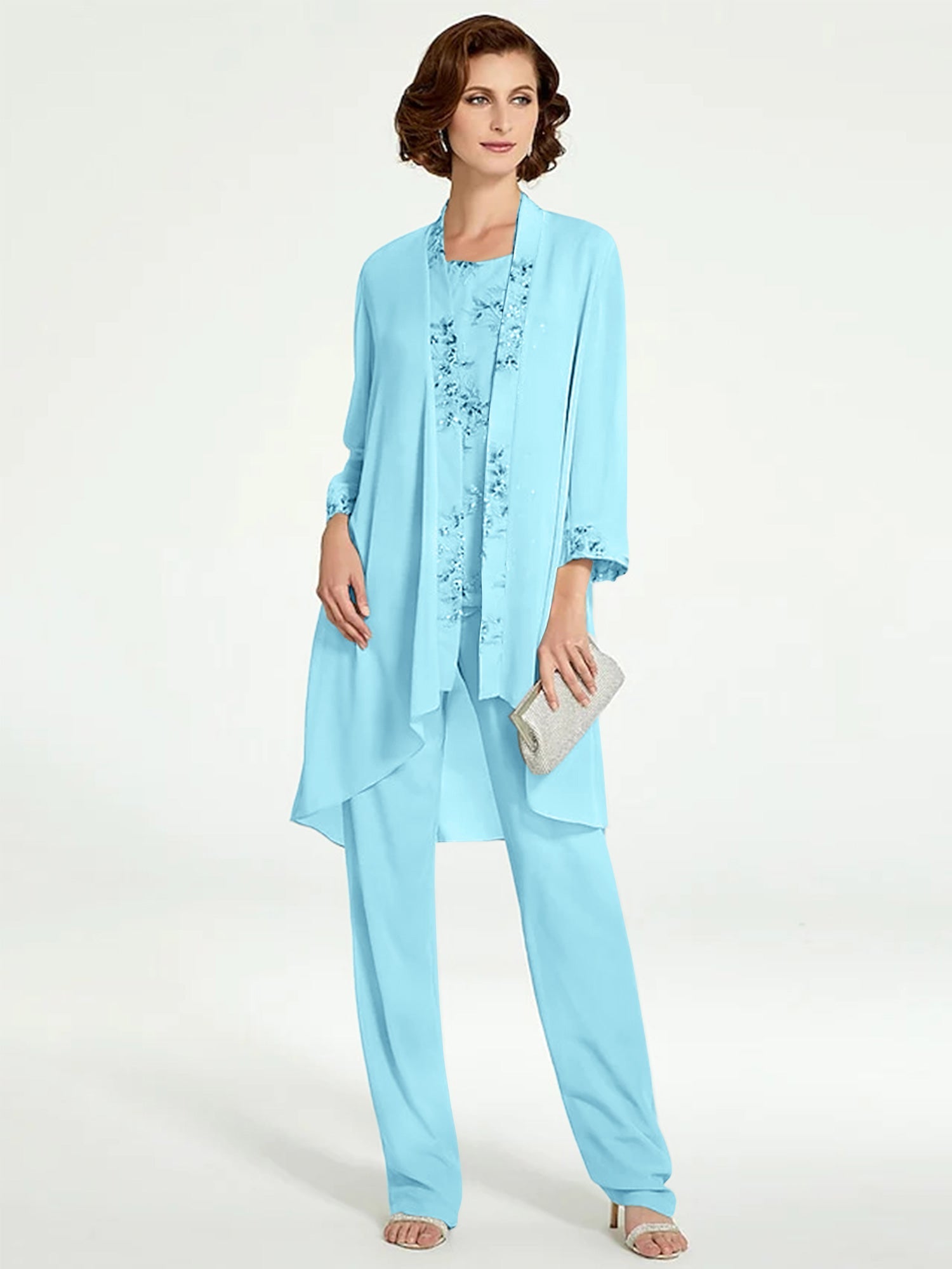 Long Round Neck Chiffon Pantsuits with Jacket for the Mother of the Bride