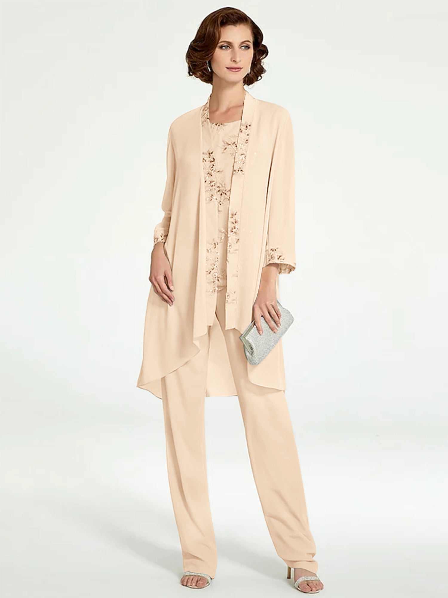 Long Round Neck Chiffon Pantsuits with Jacket for the Mother of the Bride