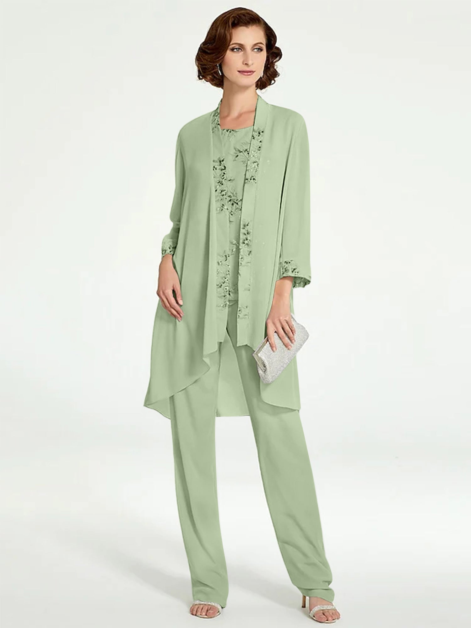 Long Round Neck Chiffon Pantsuits with Jacket for the Mother of the Bride