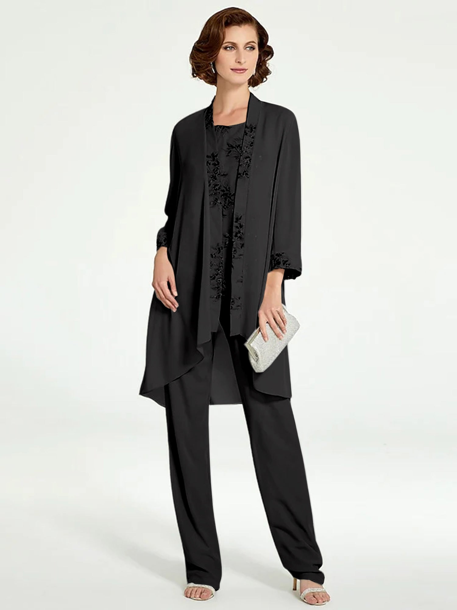 Long Round Neck Chiffon Pantsuits with Jacket for the Mother of the Bride