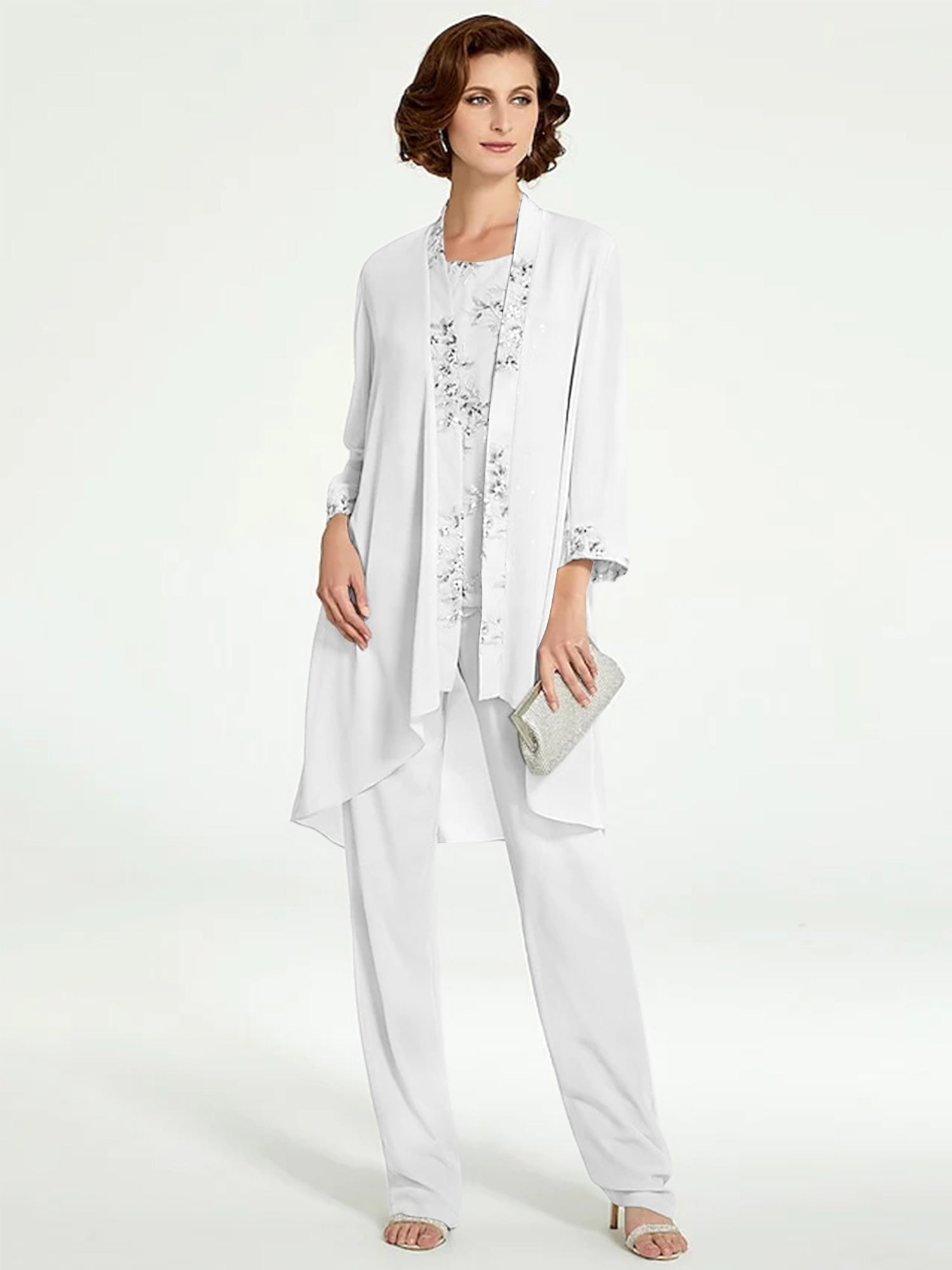 Long Round Neck Chiffon Pantsuits with Jacket for the Mother of the Bride