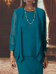 Long Scoop Neck Sheath Dress with Long Sleeves and Jacket for the Mother of the Bride