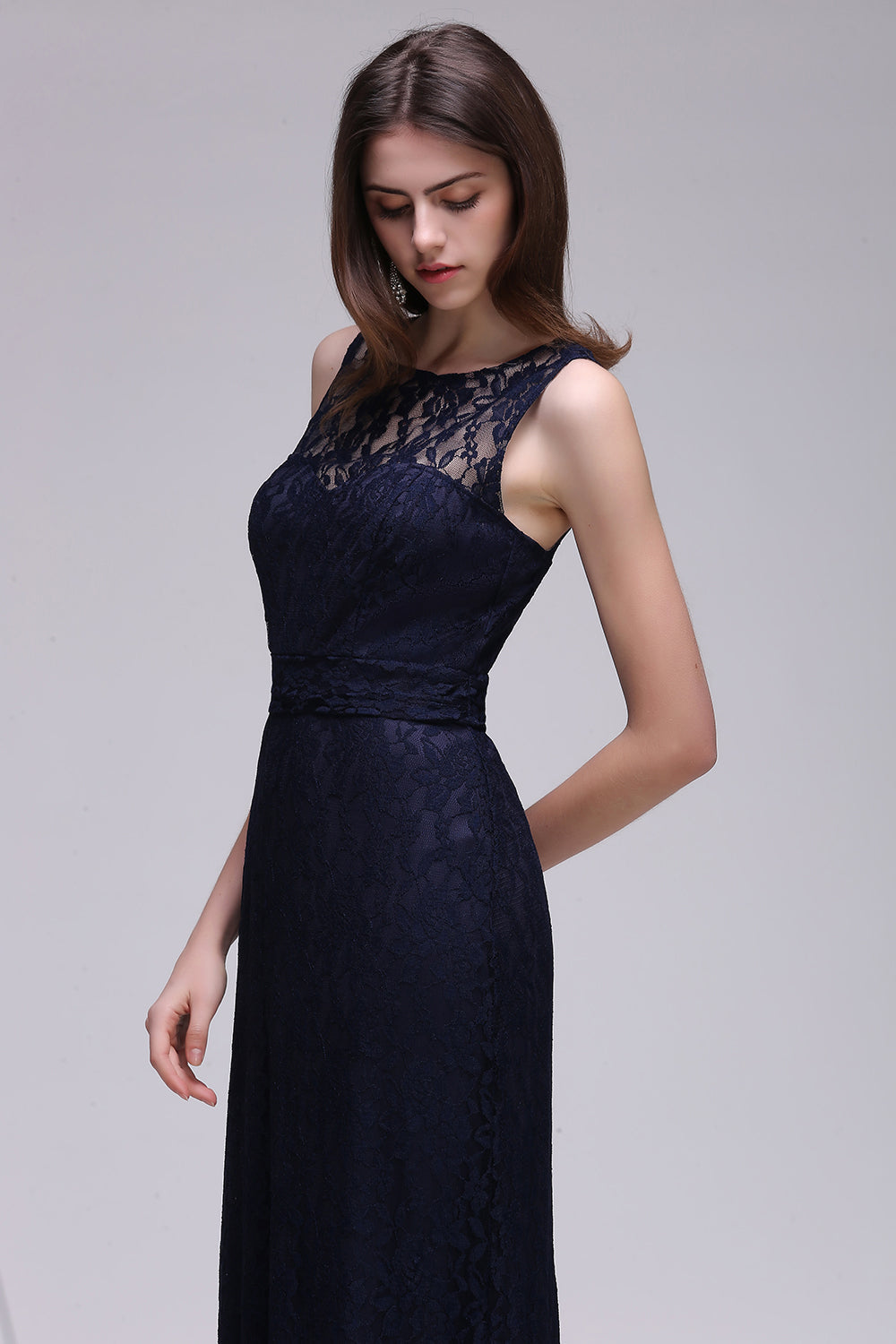 Floor Length Sleeveless Dark NavyBridesmaid Dress Lace Sheath Evening Dress On Sale