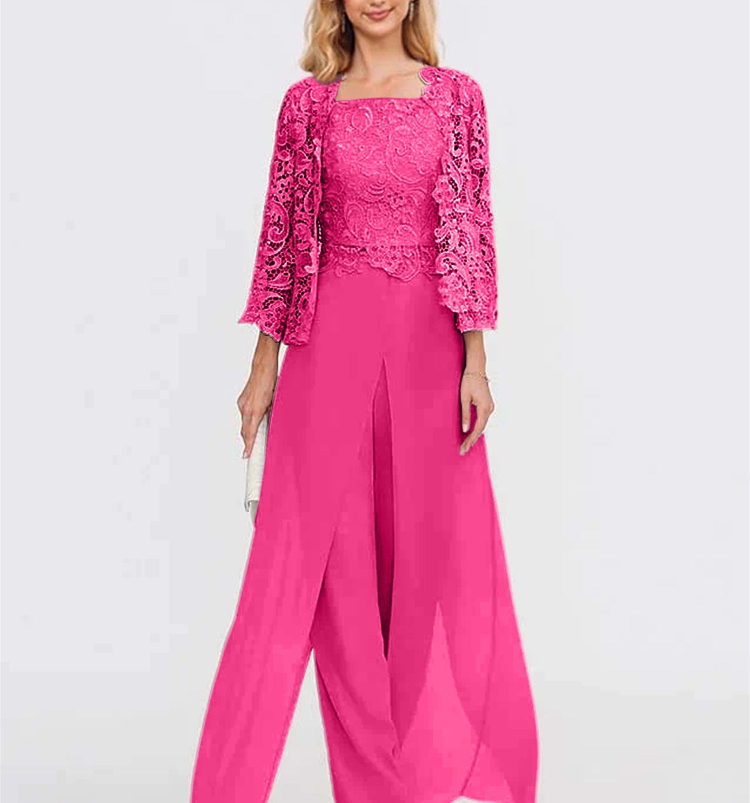 Long Square Neck Chiffon Mother of the Bride Pantsuit with Jacket & Side Split