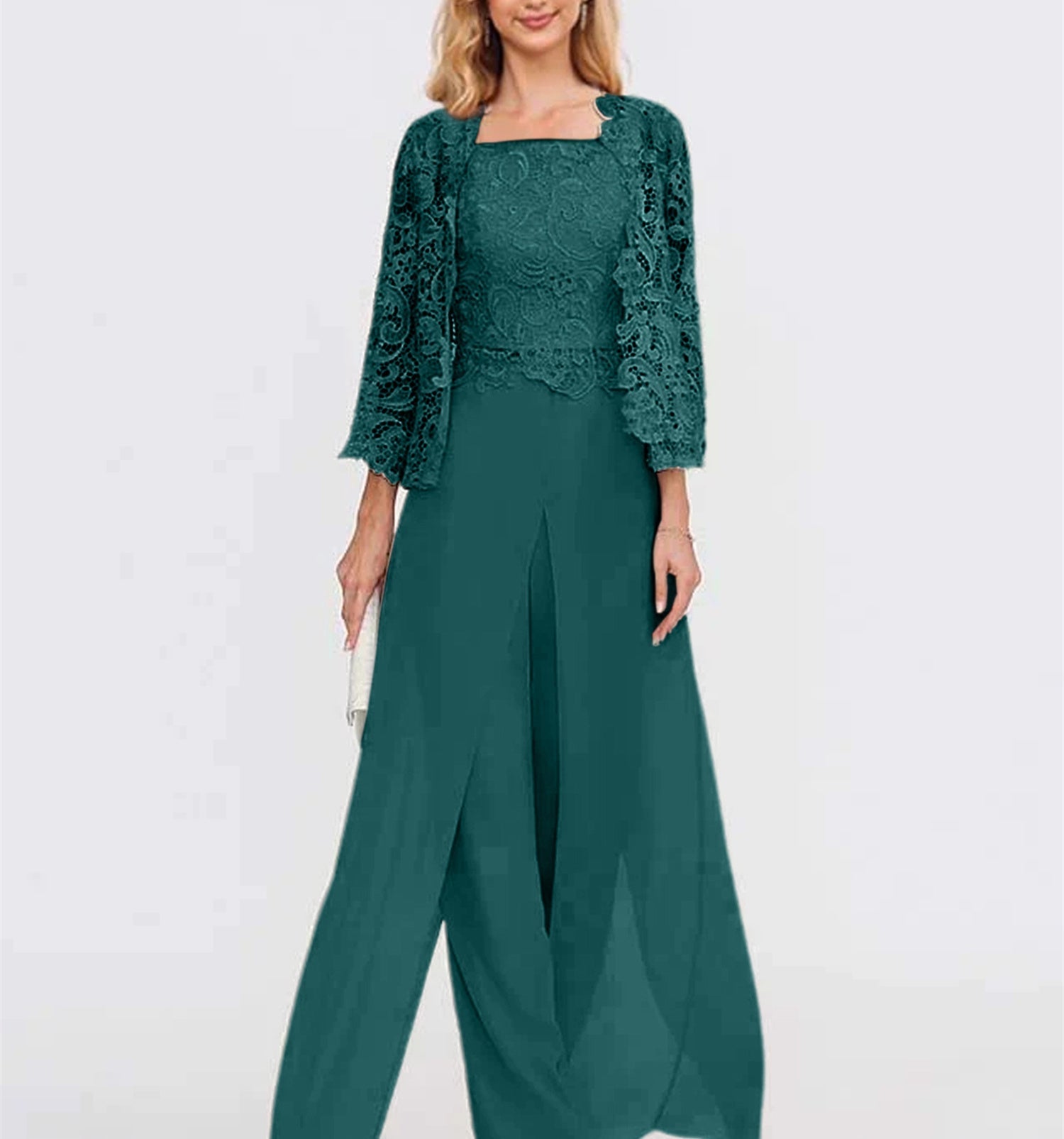Long Square Neck Chiffon Mother of the Bride Pantsuit with Jacket & Side Split