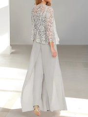 Long Square Neck Chiffon Mother of the Bride Pantsuit with Jacket & Side Split