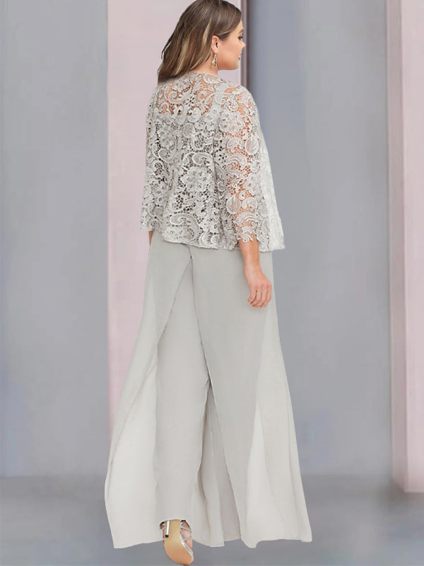 Long Square Neck Chiffon Mother of the Bride Pantsuit with Jacket & Side Split