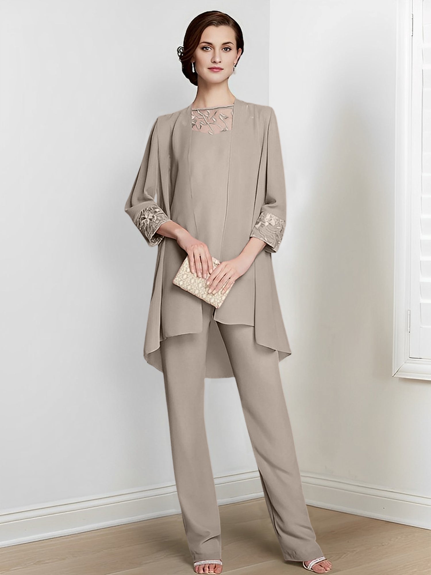Long Square Neck Chiffon Pantsuit With Long Sleeves and Jacket for the Mother of the Bride