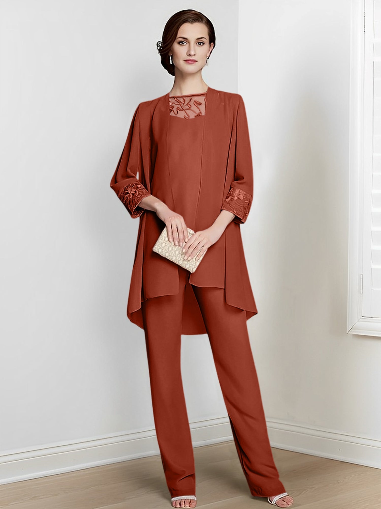 Long Square Neck Chiffon Pantsuit With Long Sleeves and Jacket for the Mother of the Bride