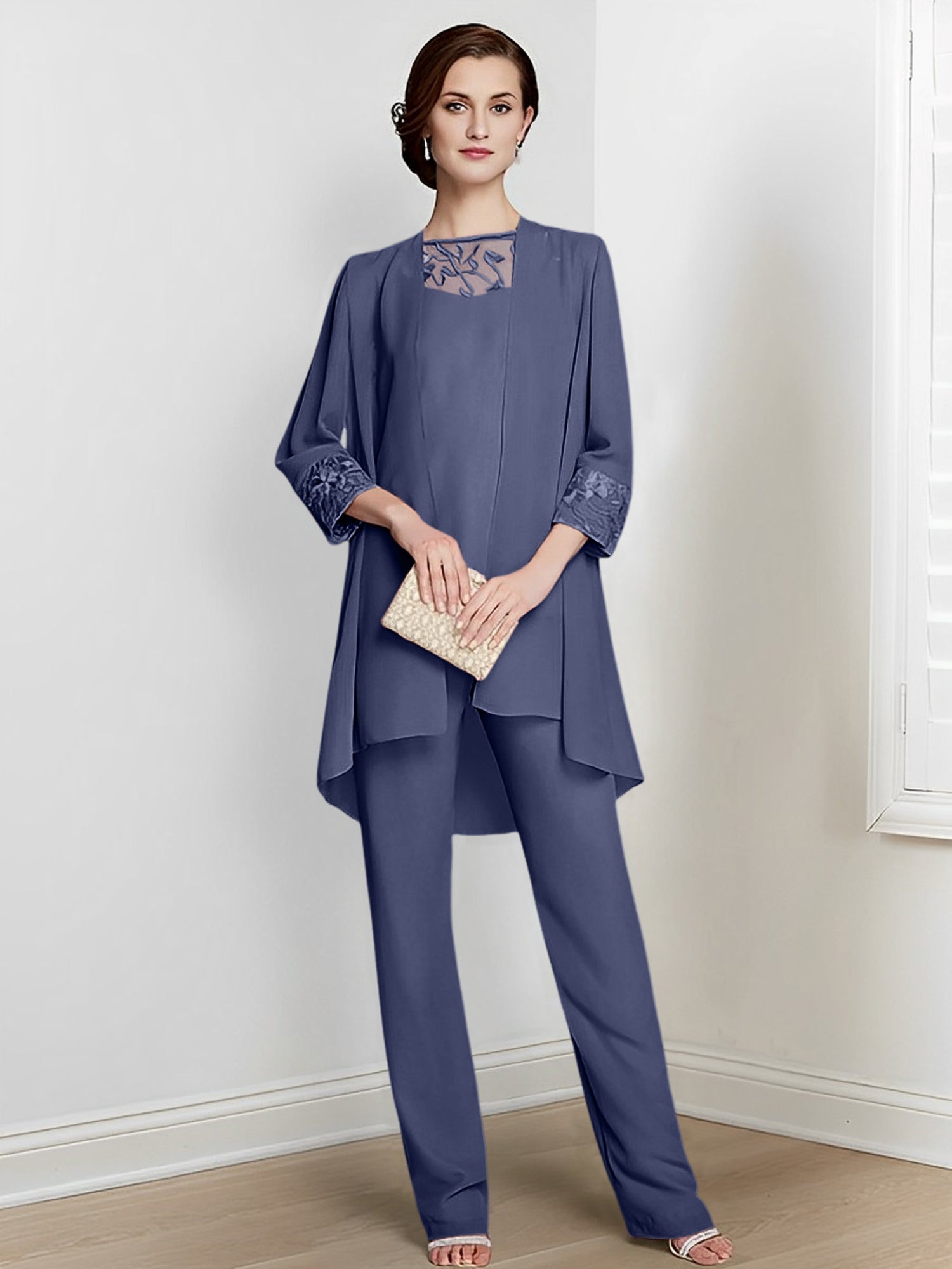 Long Square Neck Chiffon Pantsuit With Long Sleeves and Jacket for the Mother of the Bride