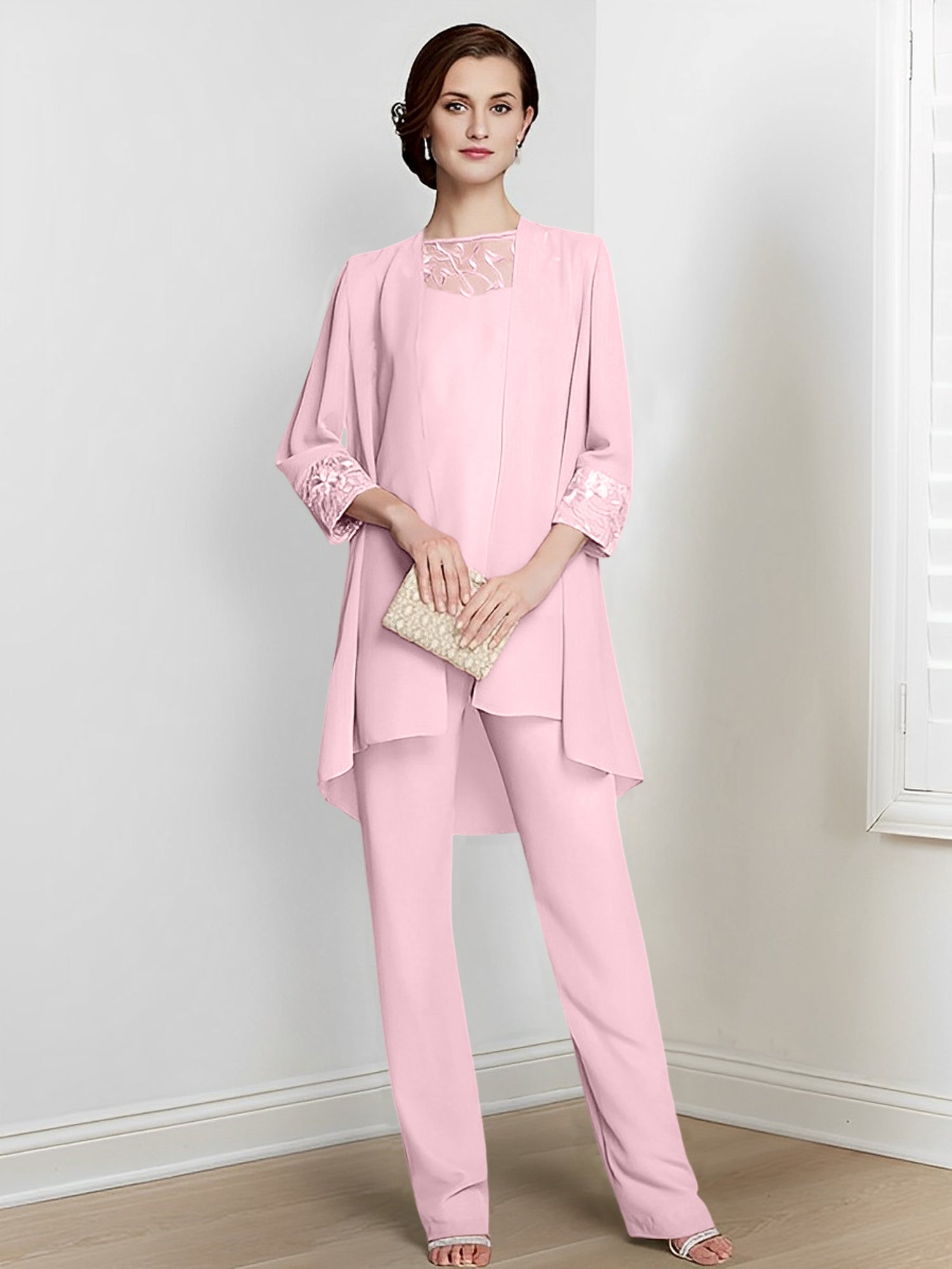 Long Square Neck Chiffon Pantsuit With Long Sleeves and Jacket for the Mother of the Bride