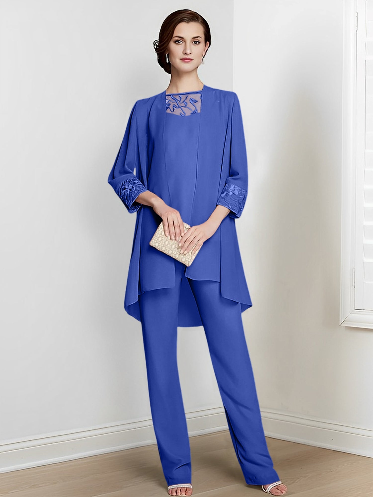 Long Square Neck Chiffon Pantsuit With Long Sleeves and Jacket for the Mother of the Bride