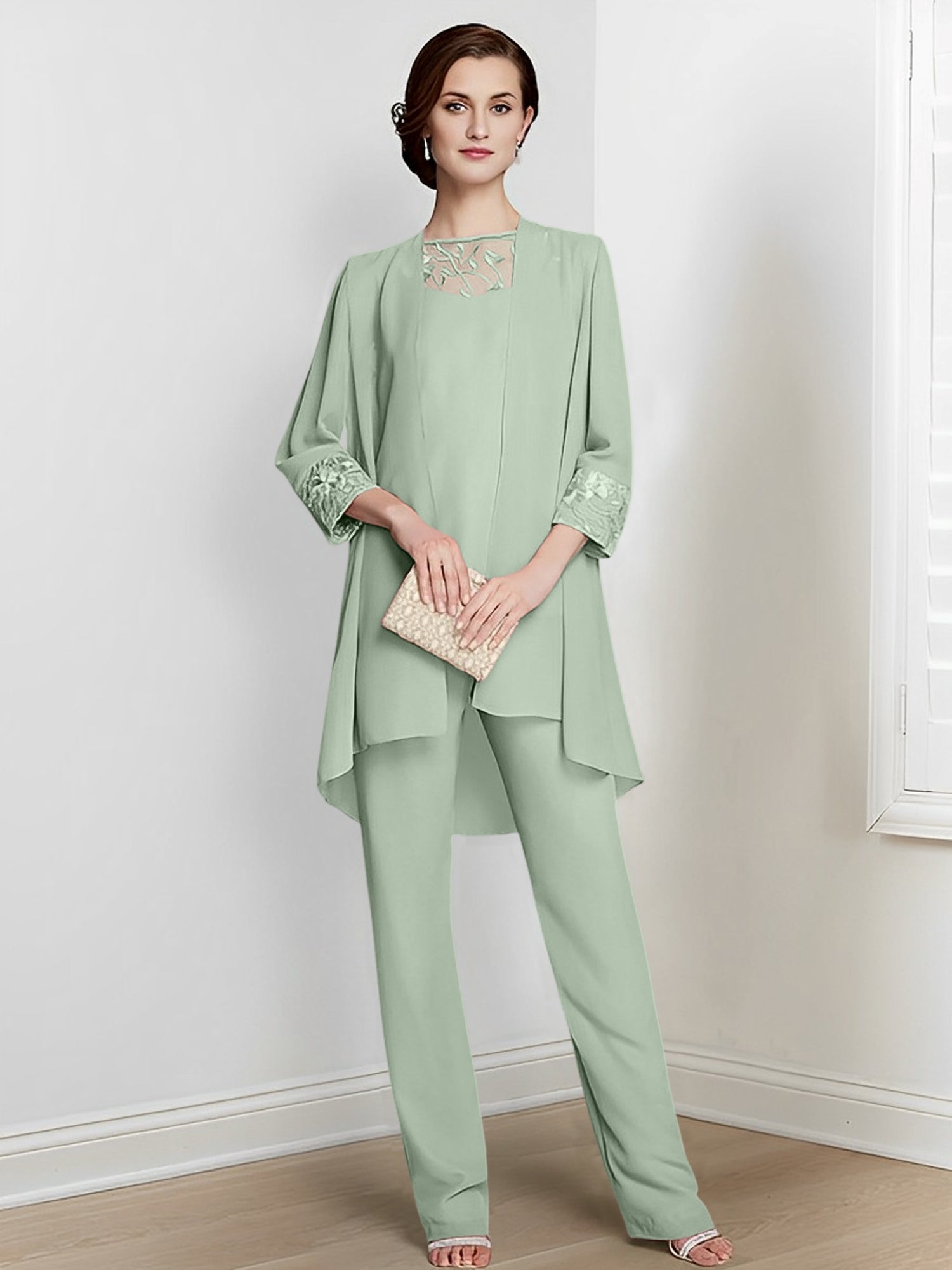 Long Square Neck Chiffon Pantsuit With Long Sleeves and Jacket for the Mother of the Bride