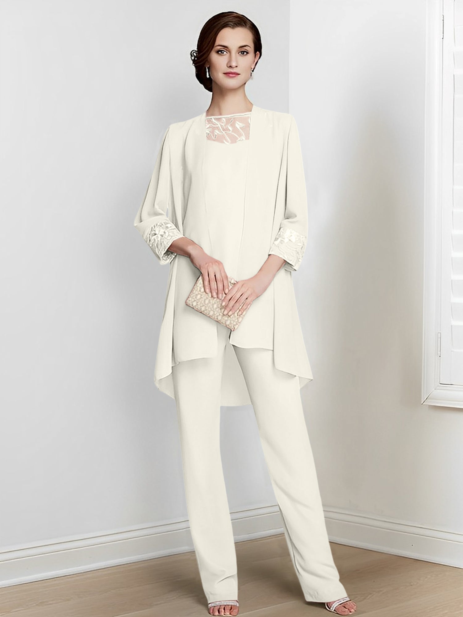 Long Square Neck Chiffon Pantsuit With Long Sleeves and Jacket for the Mother of the Bride