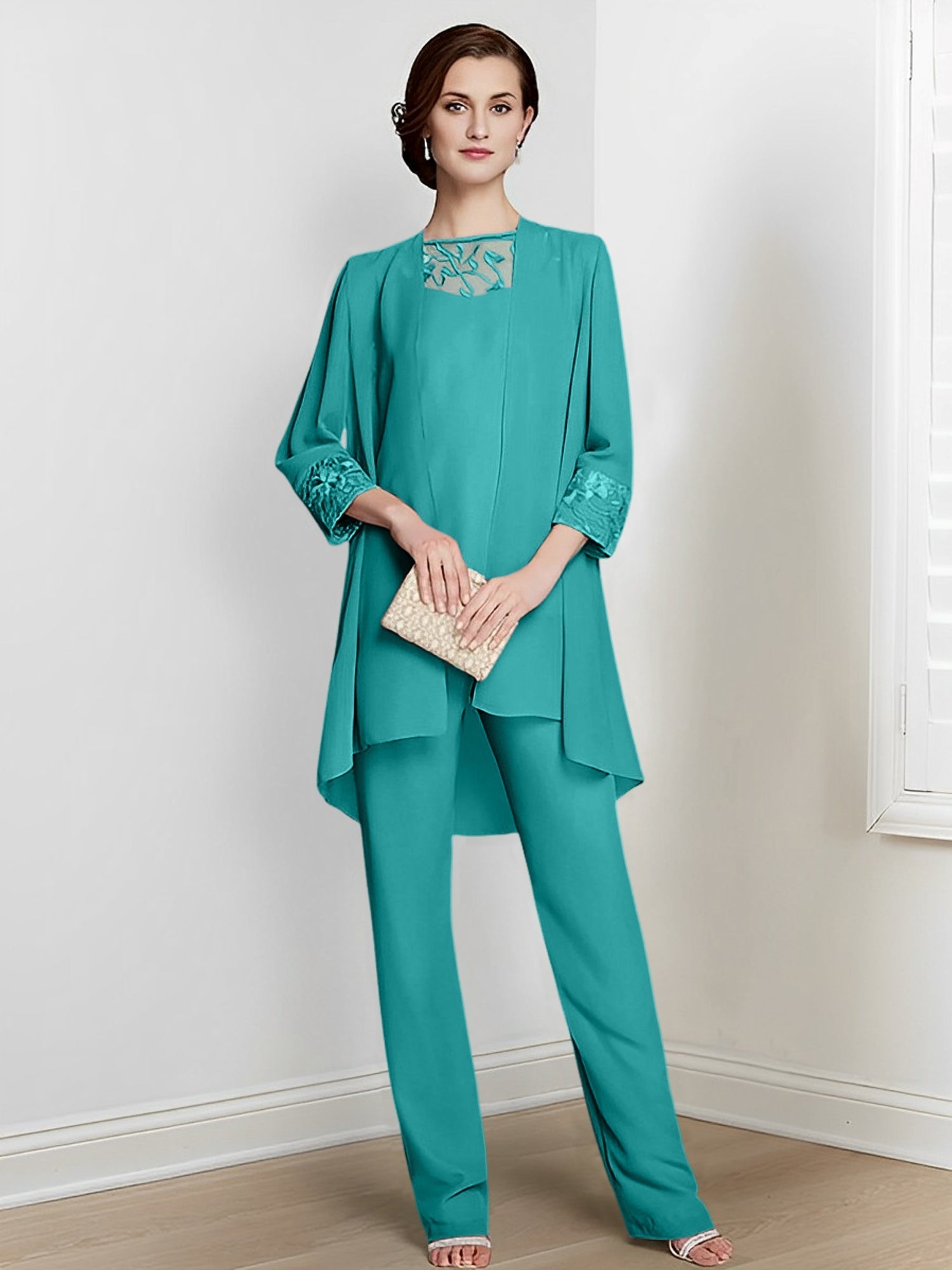 Long Square Neck Chiffon Pantsuit With Long Sleeves and Jacket for the Mother of the Bride