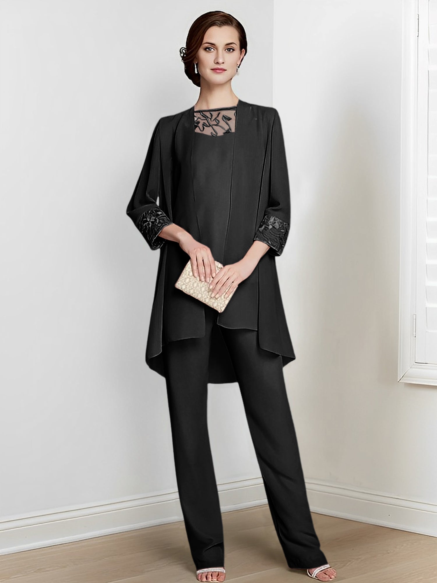 Long Square Neck Chiffon Pantsuit With Long Sleeves and Jacket for the Mother of the Bride