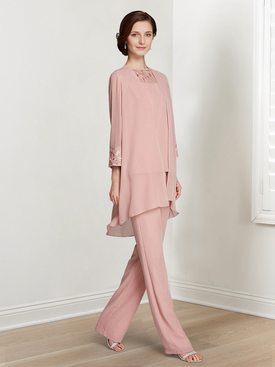 Long Square Neck Chiffon Pantsuit With Long Sleeves and Jacket for the Mother of the Bride