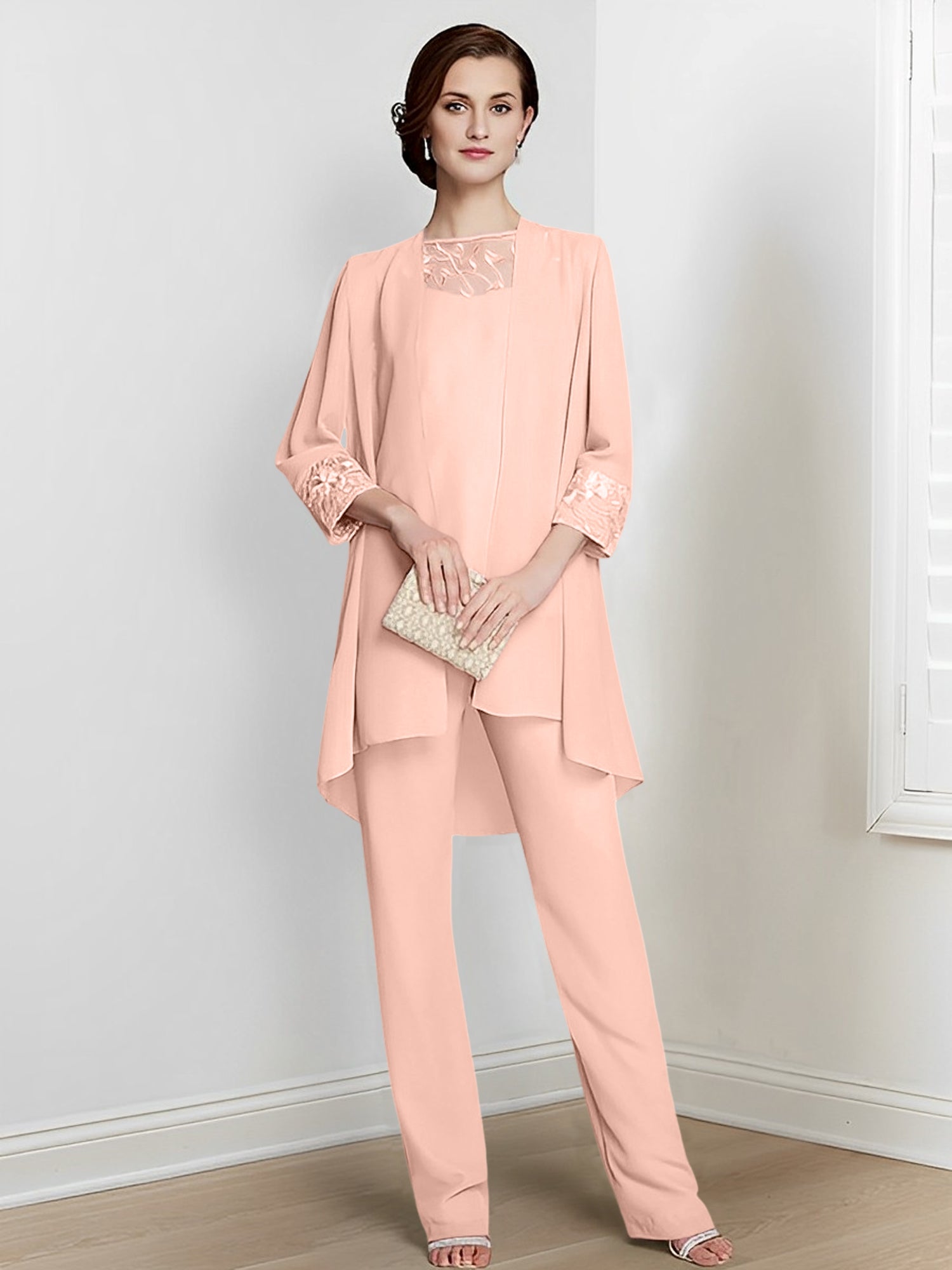 Long Square Neck Chiffon Pantsuit With Long Sleeves and Jacket for the Mother of the Bride