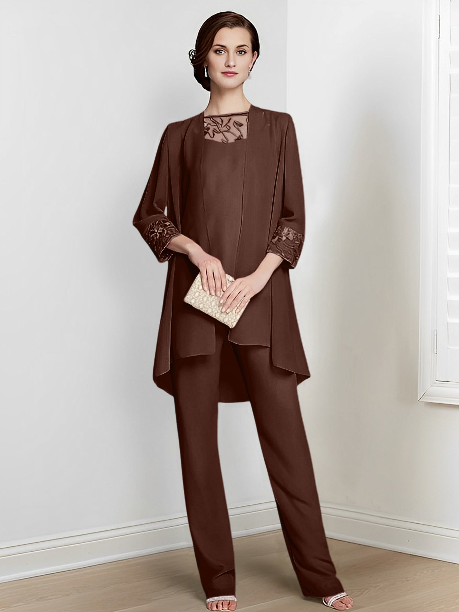 Long Square Neck Chiffon Pantsuit With Long Sleeves and Jacket for the Mother of the Bride