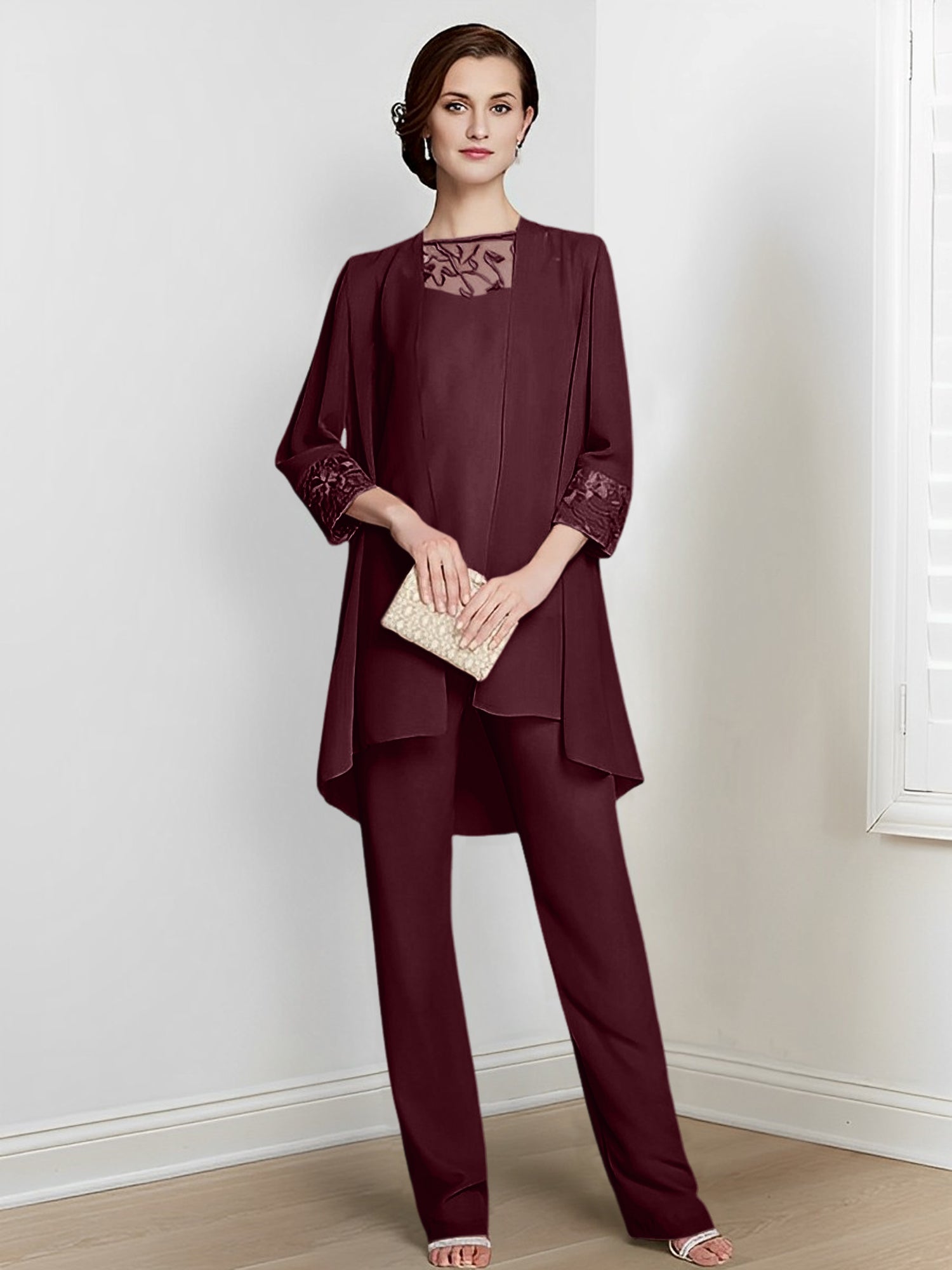 Long Square Neck Chiffon Pantsuit With Long Sleeves and Jacket for the Mother of the Bride
