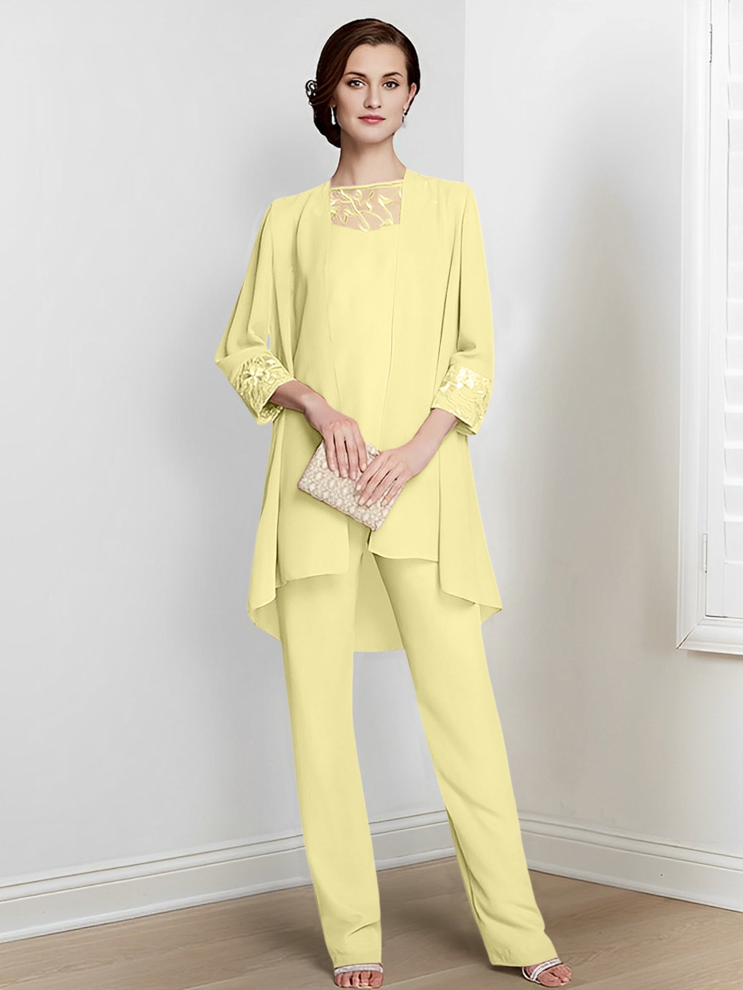 Long Square Neck Chiffon Pantsuit With Long Sleeves and Jacket for the Mother of the Bride